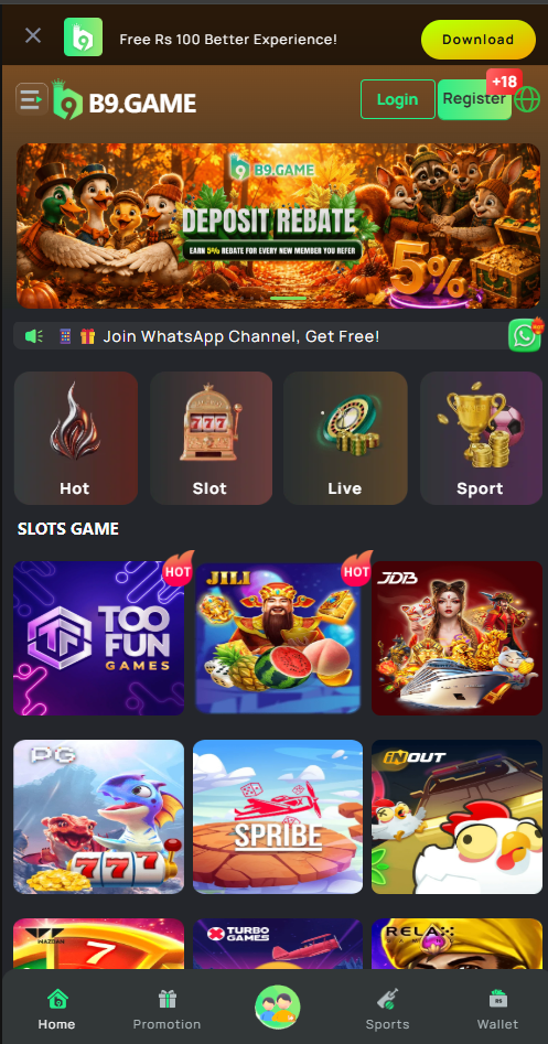 b9 game app home screen showing hot slots, live games and sports on a mobile phone